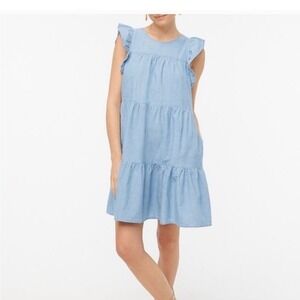 J Crew Chambray Tiered Flutter Sleeve Dress Light Blue‎ Size 4